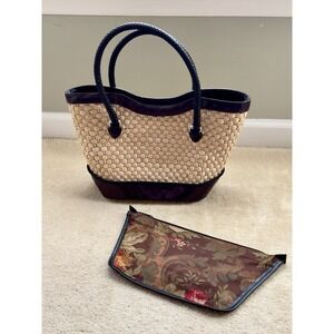 Brighton Vintage Straw Leather Tote, Floral Print Lined Purse With Dust Bag